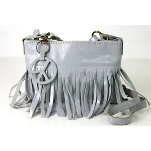GOGO VOYAGE LIGHT GRAY PATENT GENUINE LEATHER FRINGE SLIM SHOULDER BAG HANDBAG